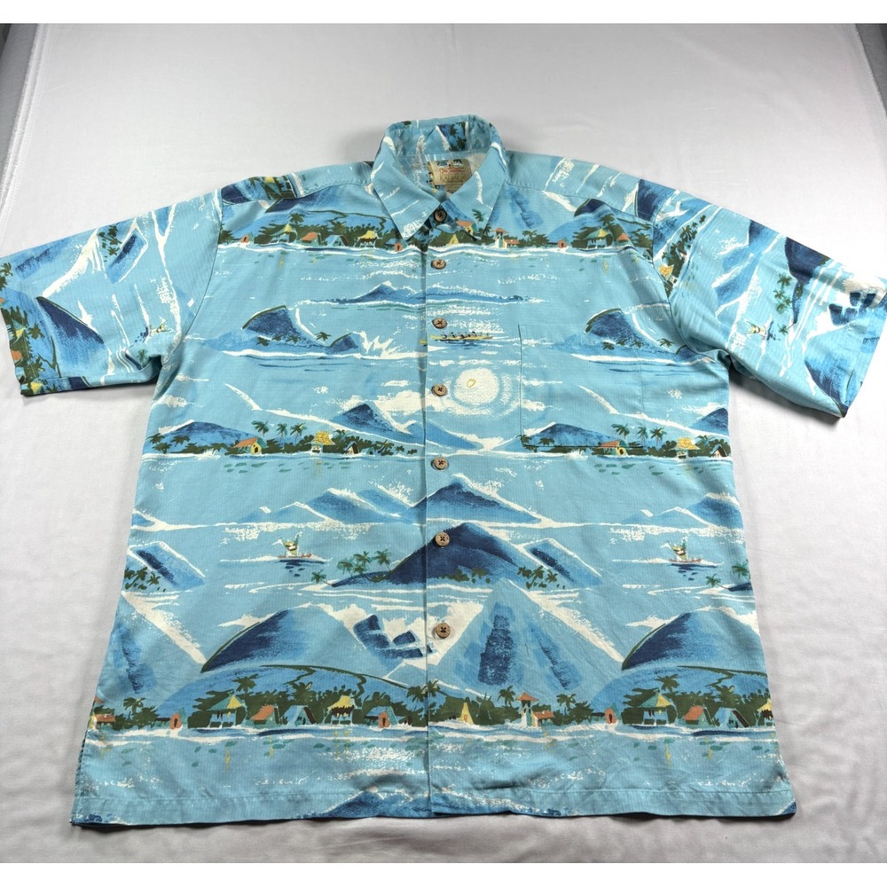 Kahala John Severson Hawaiian Shirt Mens XL Blue Aloha Camp Silk